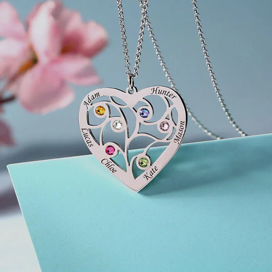Heart Family Tree Necklace Engraved with Name& Birthstones - Glamour