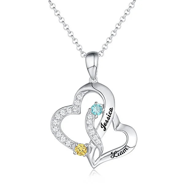 Personalized Double Heart Necklace with 2 Names & Birthstones Sterling Silver - Glamour