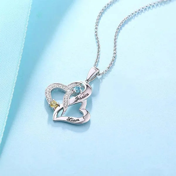 Personalized Double Heart Necklace with 2 Names & Birthstones Sterling Silver - Glamour