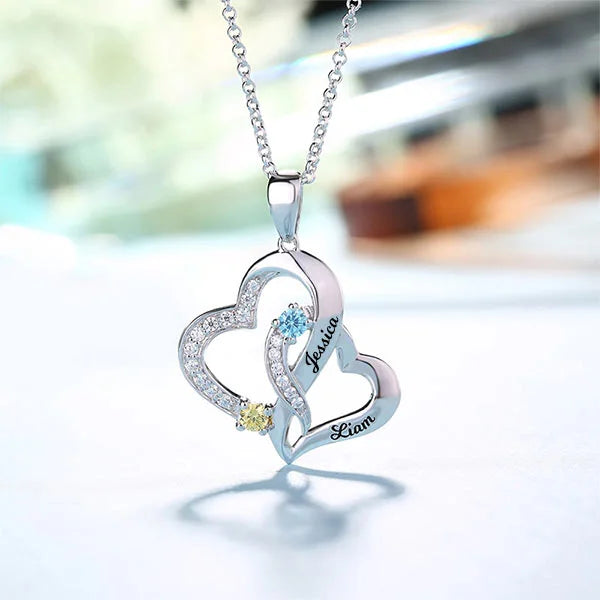 Personalized Double Heart Necklace with 2 Names & Birthstones Sterling Silver - Glamour