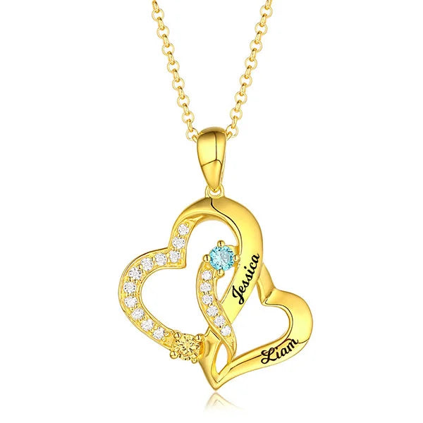 Personalized Double Heart Necklace with 2 Names & Birthstones Sterling Silver - Glamour