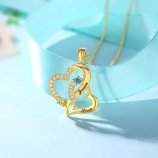 Personalized Double Heart Necklace with 2 Names & Birthstones Sterling Silver - Glamour
