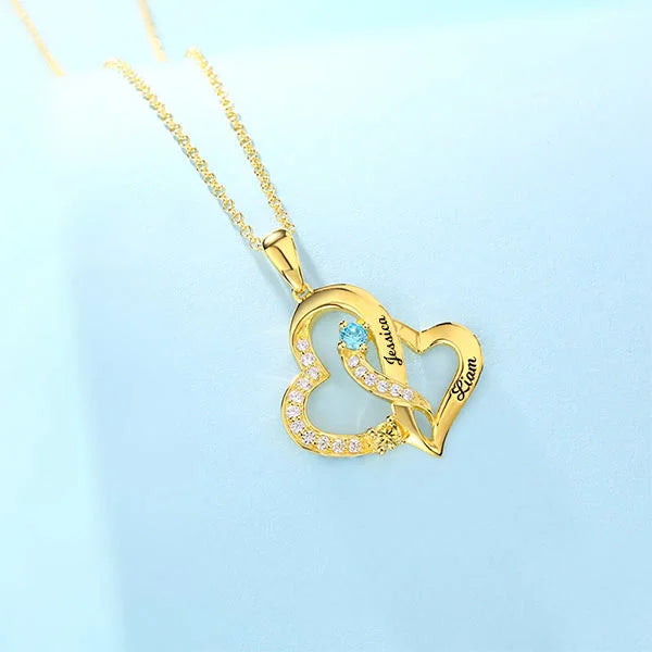Personalized Double Heart Necklace with 2 Names & Birthstones Sterling Silver - Glamour