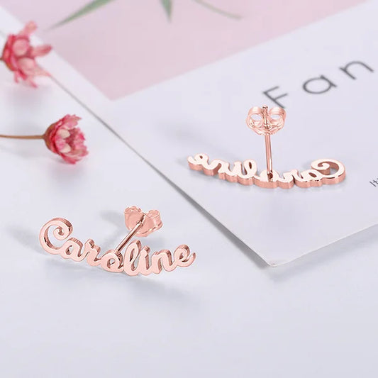 Personalized Name Stud Earrings for Her in Silver - Glamour