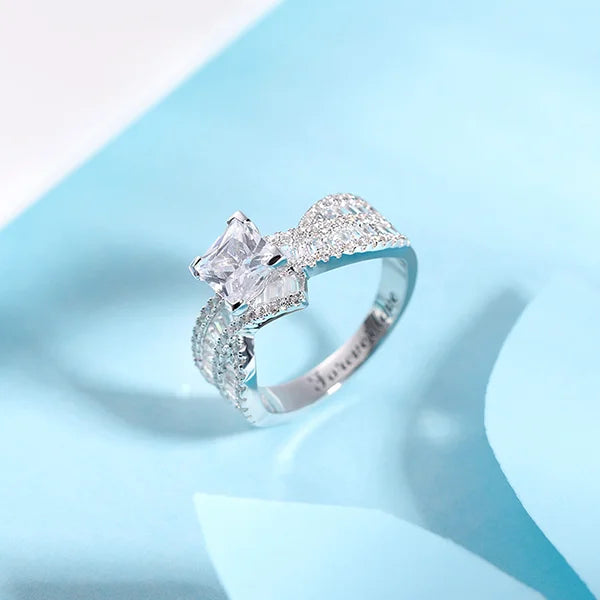 Engraved Princess Cut Gem Promise Ring for Her in Silver - Glamour