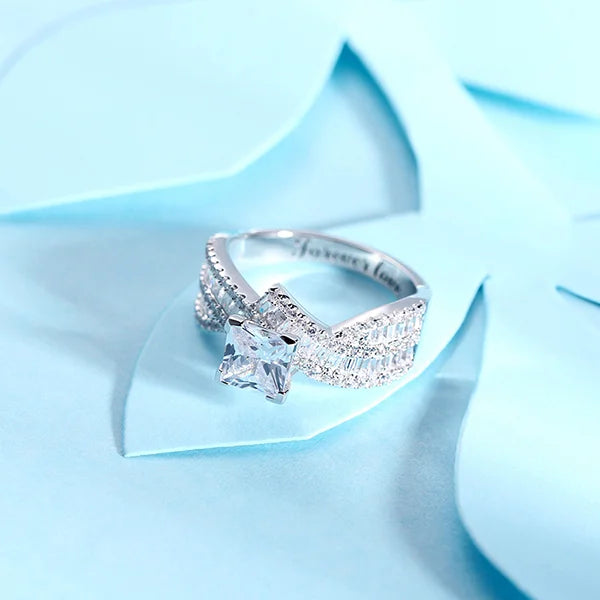 Engraved Princess Cut Gem Promise Ring for Her in Silver - Glamour