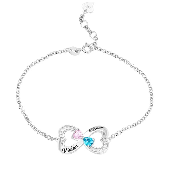 Personalized Double Heart Bracelet with Birthstones - Glamour