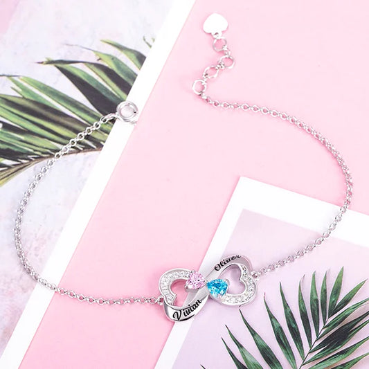 Personalized Double Heart Bracelet with Birthstones - Glamour