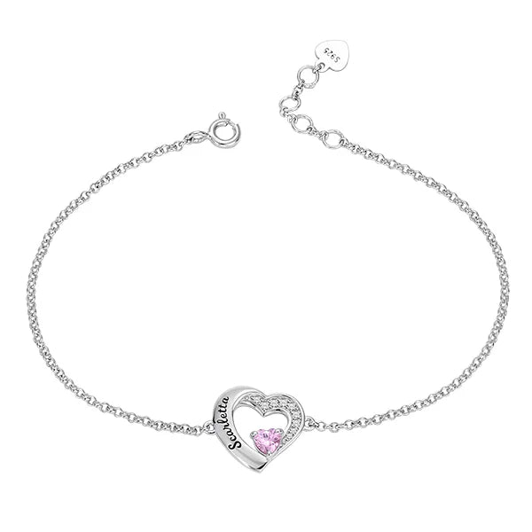 Personalized Heart Birthstone Bracelet In Sterling Silver - Glamour