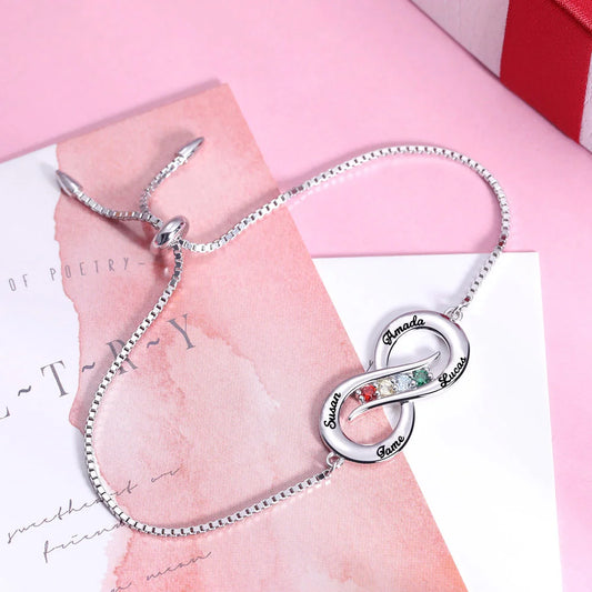 Personalized Infinity 4 names Bracelet with Birthstones - Glamour