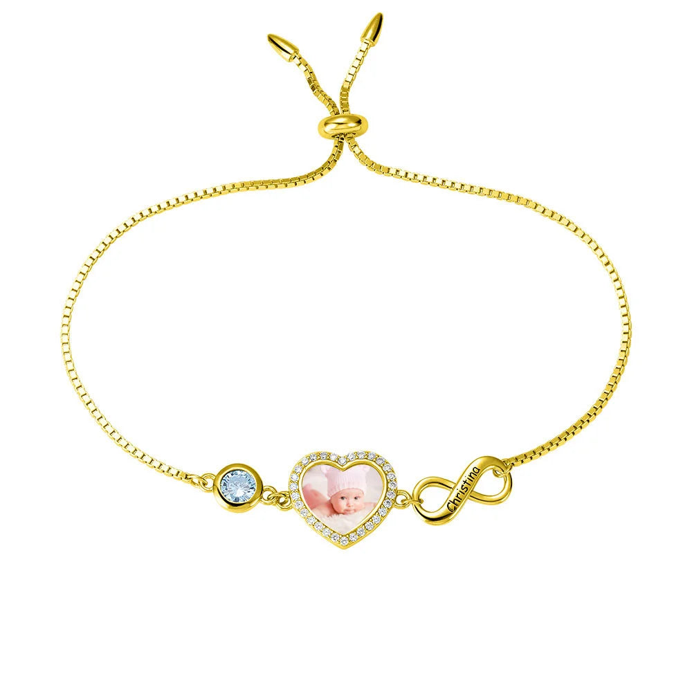 Personalized Heart Photo Bracelet with Birthstone