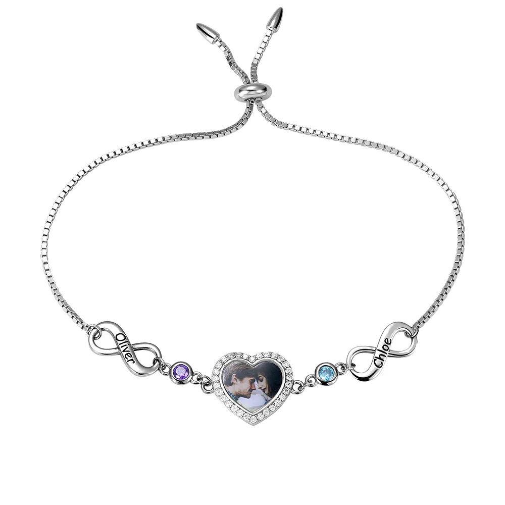 Personalized Heart-shaped Photo Infinity Silver Bracelet - Glamour