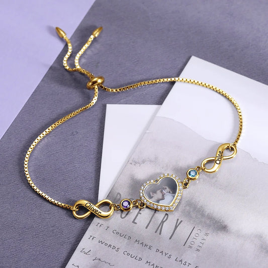 Personalized Heart-shaped Photo Infinity Silver Bracelet - Glamour