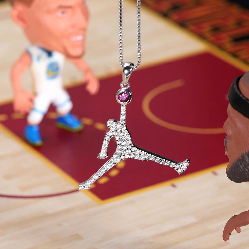 Personalized Basketball Dunk Necklace with Birthstone In Silver - Glamour
