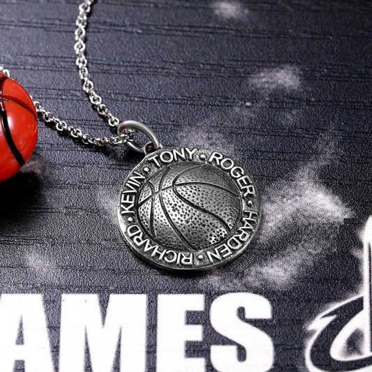 Basketball Necklace with Names in Circle in Sliver - Glamour