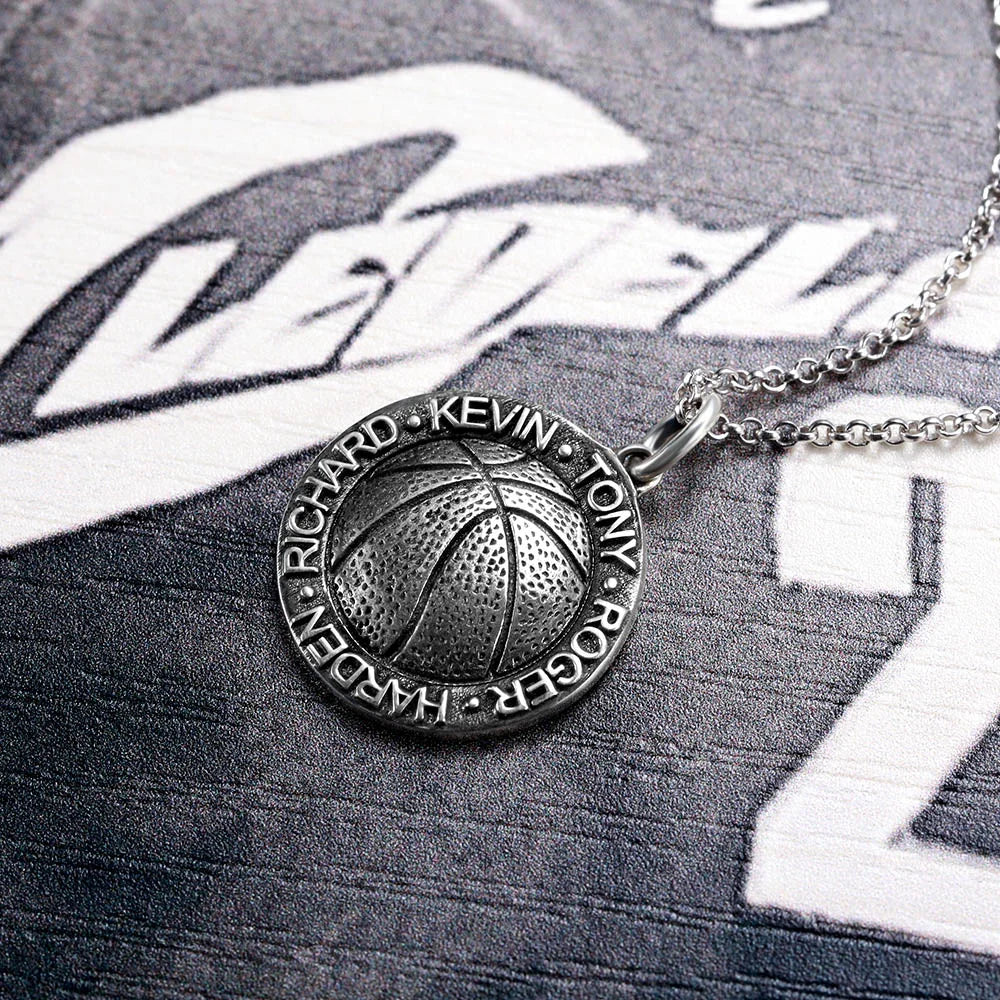Basketball Necklace with Names in Circle in Sliver - Glamour