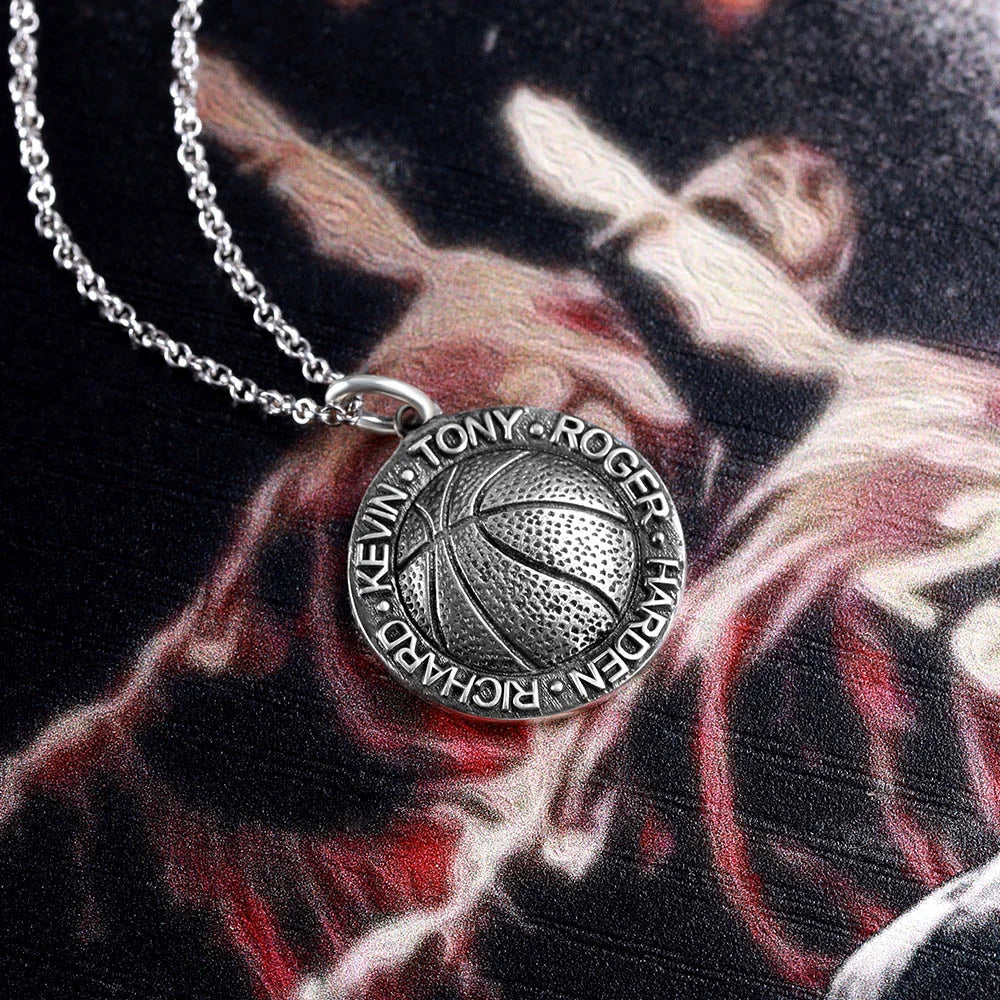 Basketball Necklace with Names in Circle in Sliver - Glamour