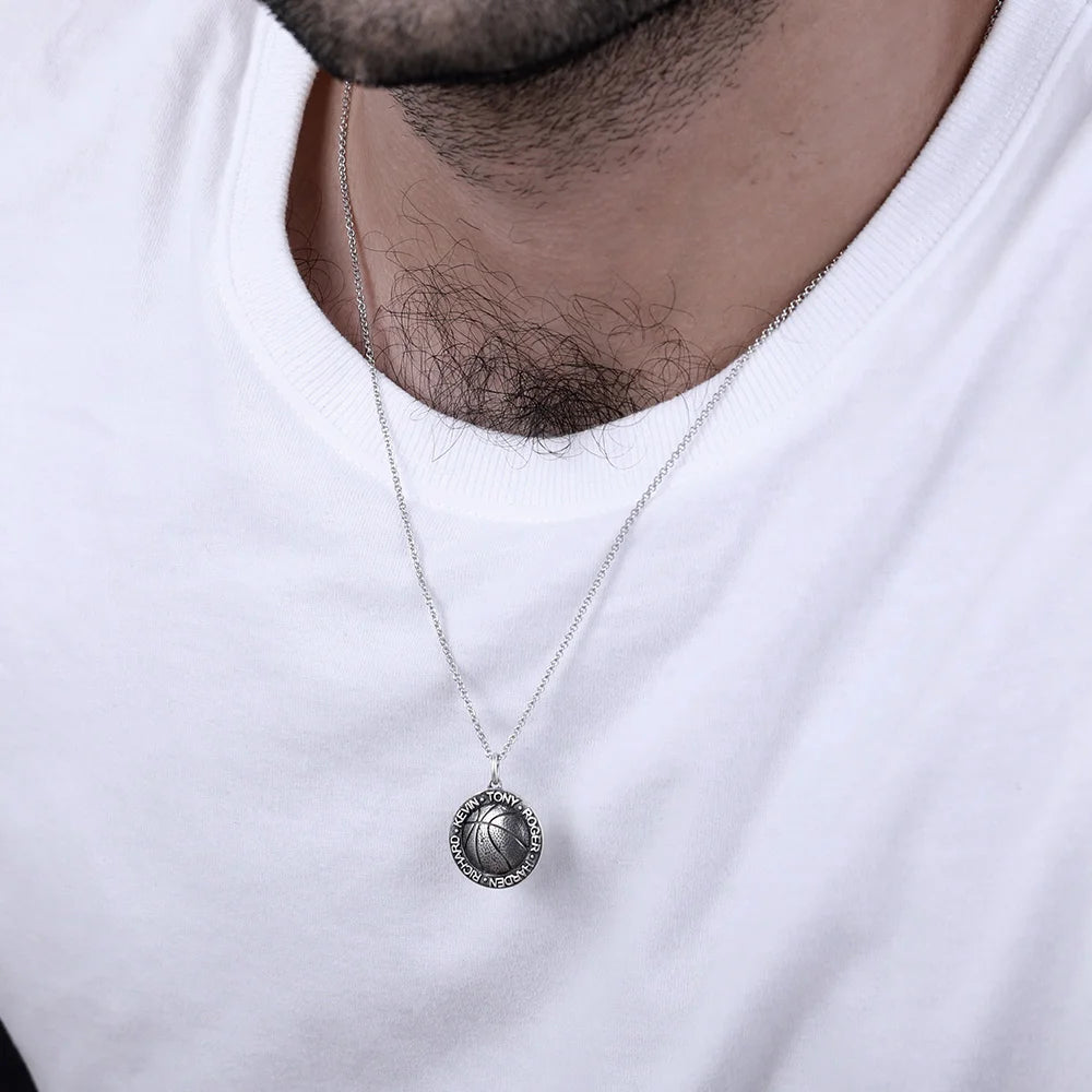 Basketball Necklace with Names in Circle in Sliver - Glamour