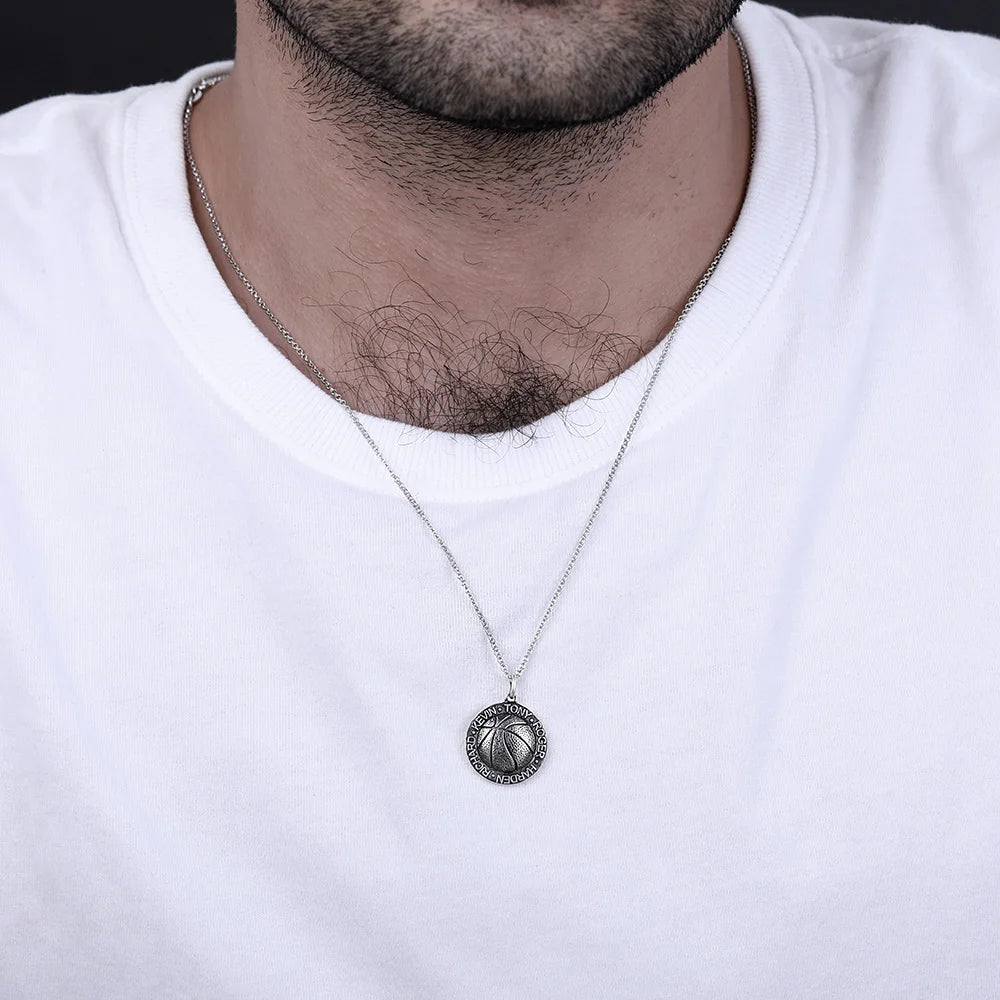 Basketball Necklace with Names in Circle in Sliver - Glamour
