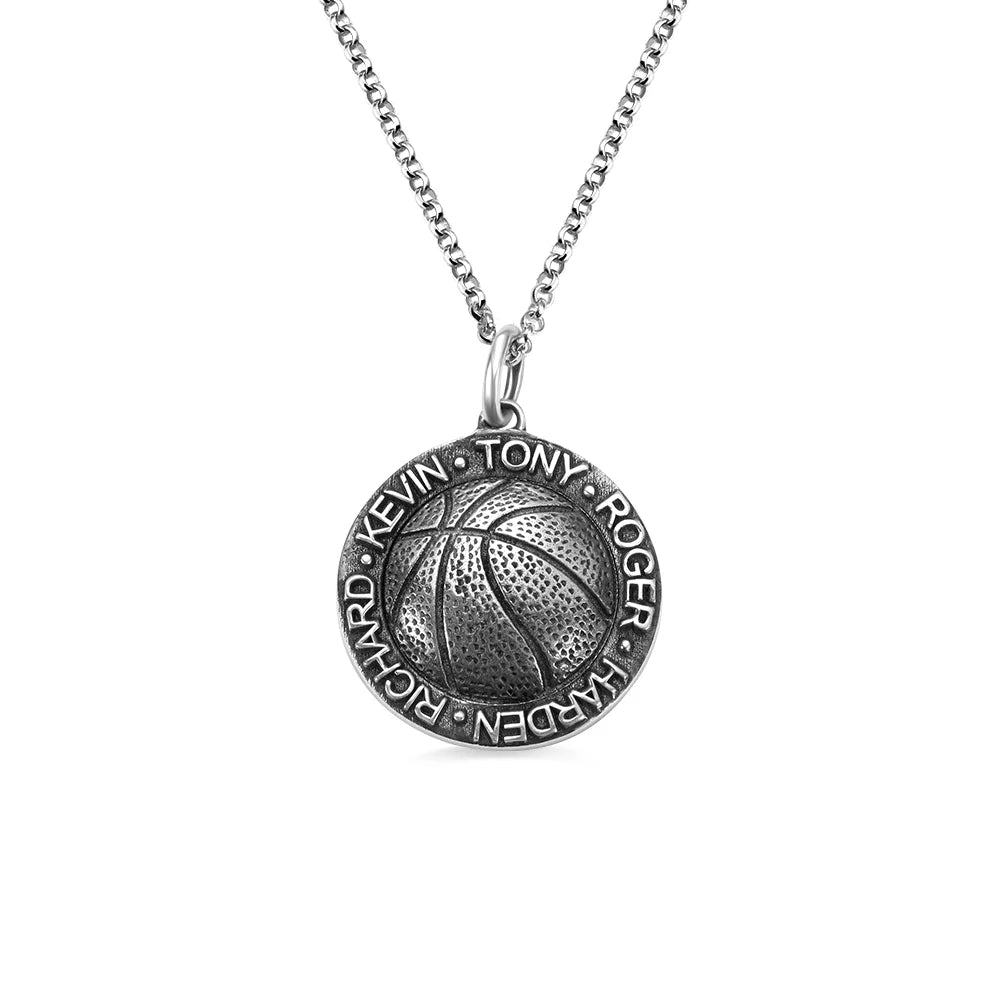 Basketball Necklace with Names in Circle in Sliver - Glamour