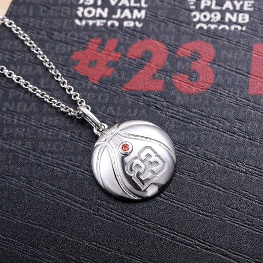 Engraved Basketball Necklace with Number And birthstone in Silver - Glamour