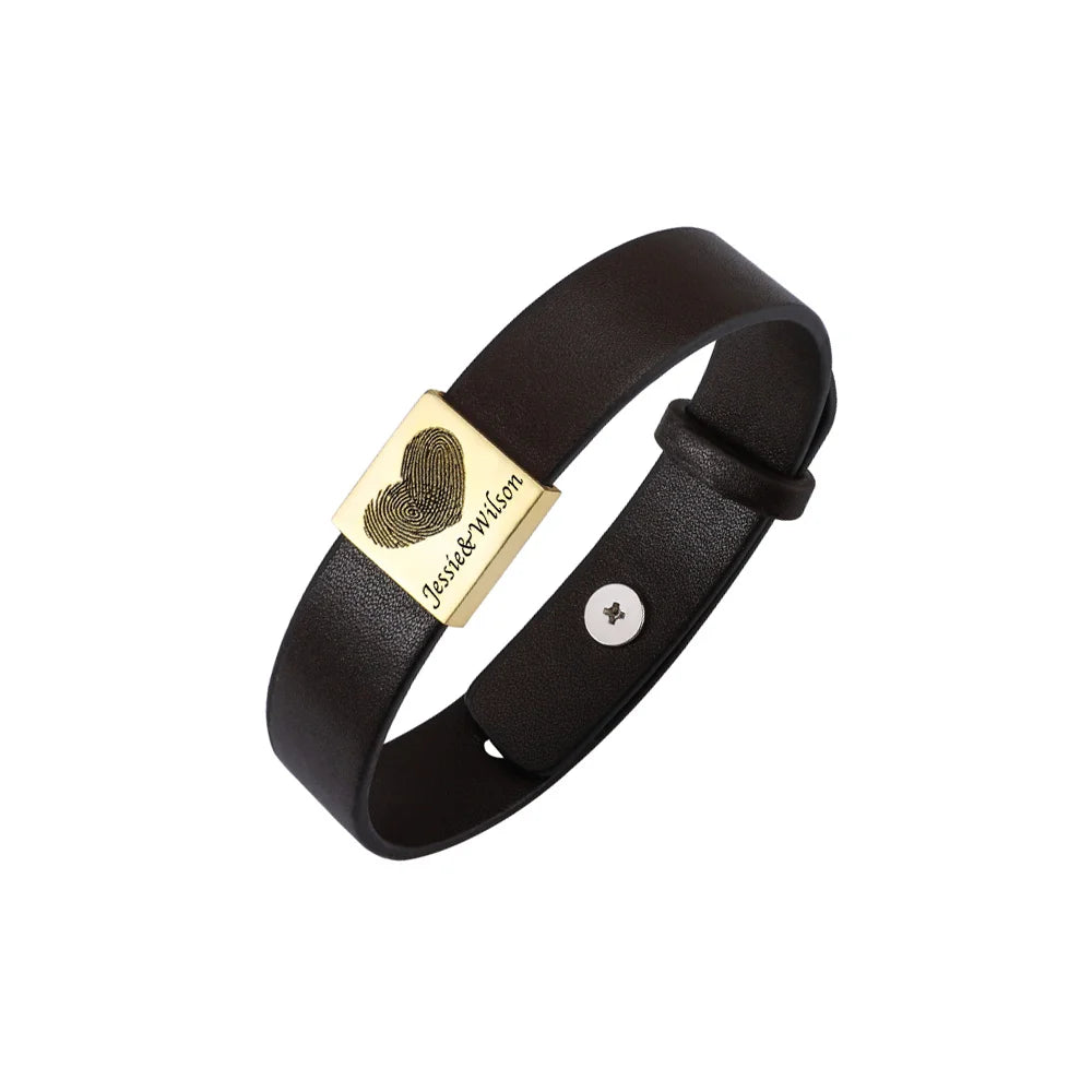 Personalized Men's Leather Bracelet with Couple's Fingerprint - Glamour