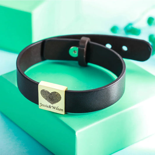 Personalized Men's Leather Bracelet with Couple's Fingerprint - Glamour