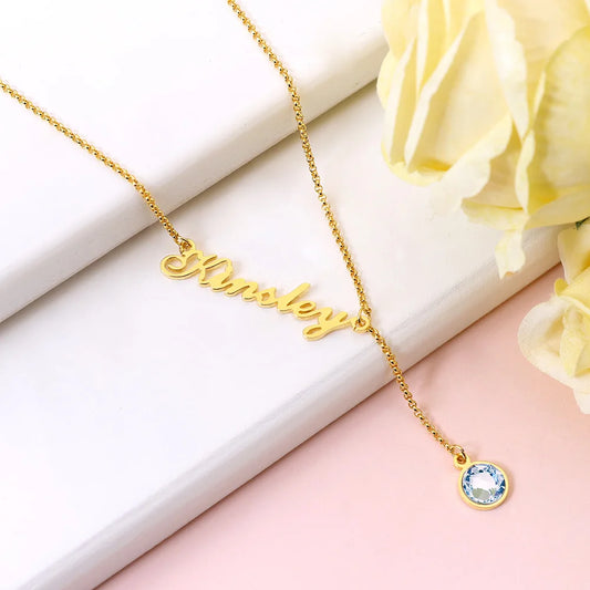 Personalized Simple Name & Birthstone Y Necklace - Glamour