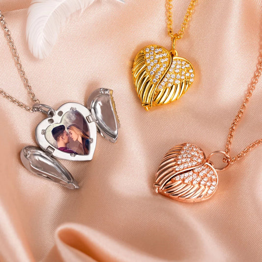Personalized Angel Wings Heart Photo Locket Necklace - Glamour