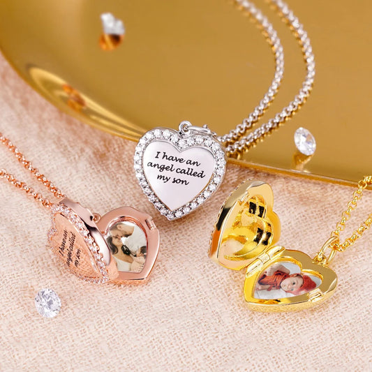 Personalized Cubic Zirconia Heart Photo Necklace - Glamour