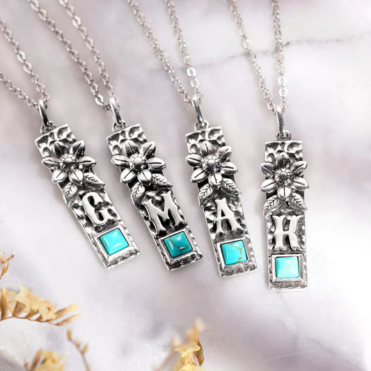 Personalized Vertical Bar Initial Necklace Turquoise Boho Style in Sterling Silver - Glamour