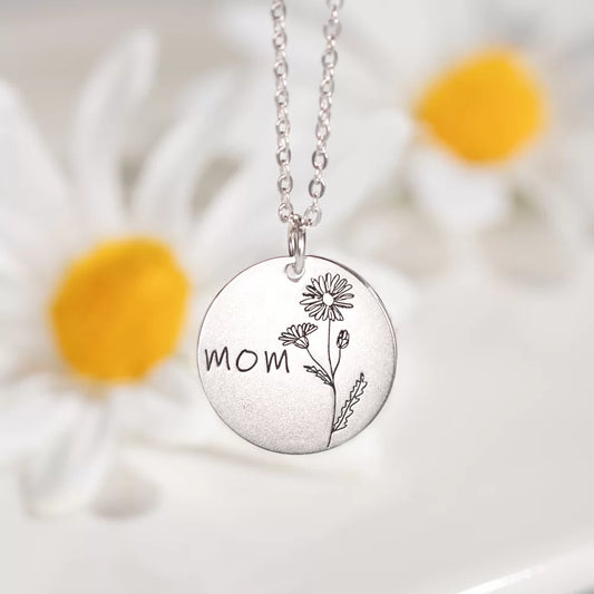 Engraved Birth Month Flower Disc Necklace - Glamour