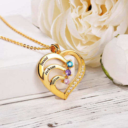 Personalized Name and Birthstone Family Heart Necklace - Glamour