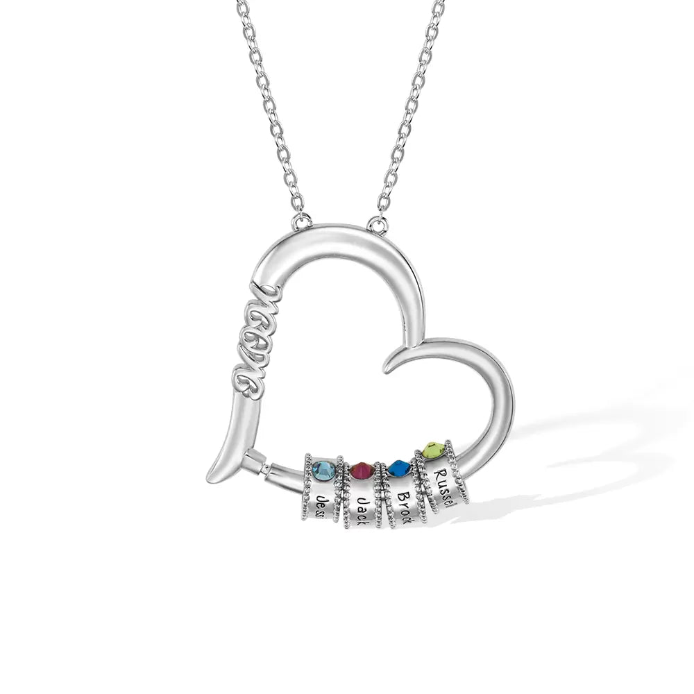 Personalized Birthstone Necklace with Heart Pendant & Name Charms for Mom - Glamour