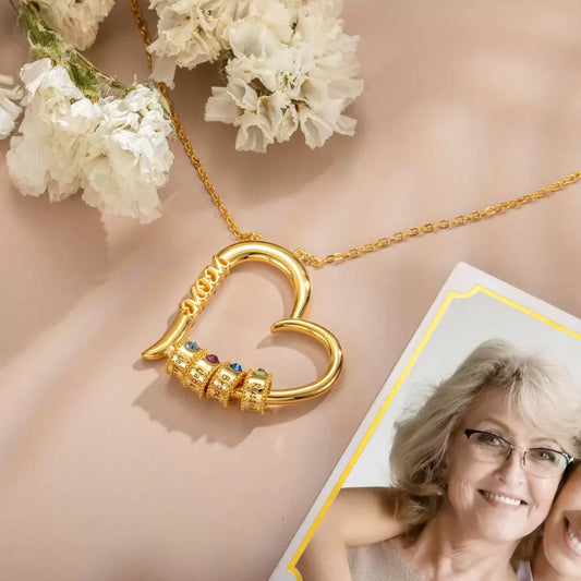 Personalized Birthstone Necklace with Heart Pendant & Name Charms for Mom - Glamour
