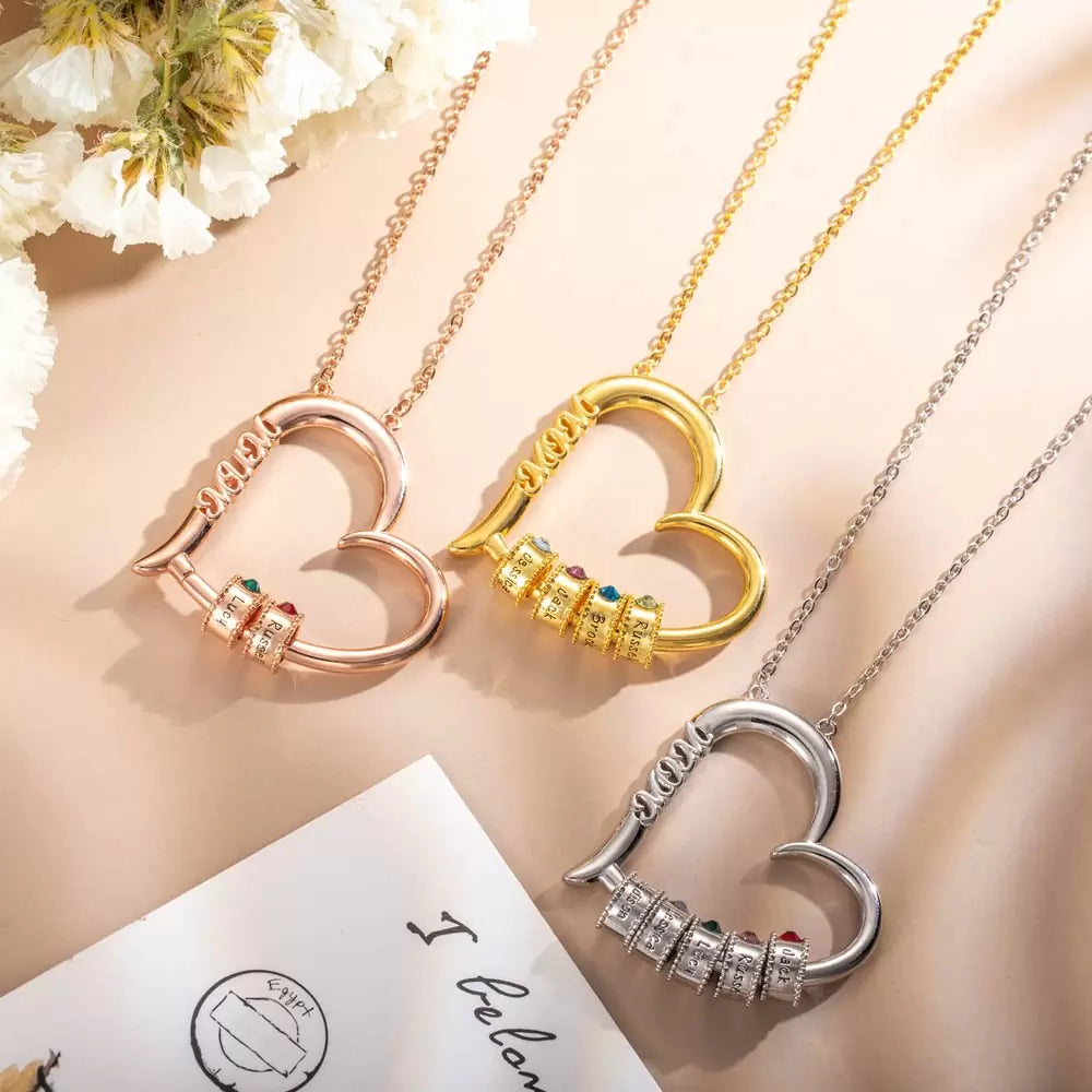 Personalized Birthstone Necklace with Heart Pendant & Name Charms for Mom - Glamour
