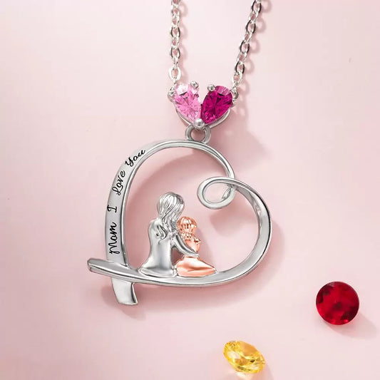 Personalized Birthstone Heart Necklace, Character Necklace with Mother and Child, Mother's Day Gift for New Mom/Mother/Grandmother/Wife - Glamour
