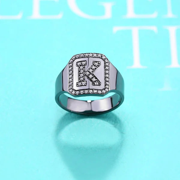 Personalized Black Plated CZ's Initial Ring In Sterling Silver - Glamour