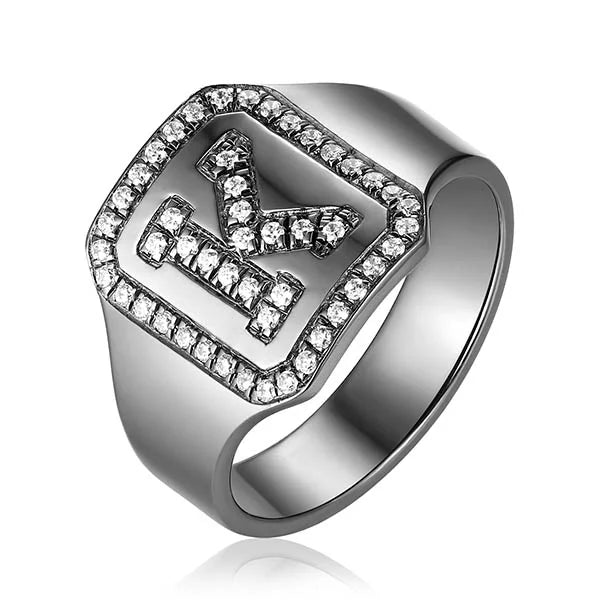 Personalized Black Plated CZ's Initial Ring In Sterling Silver - Glamour