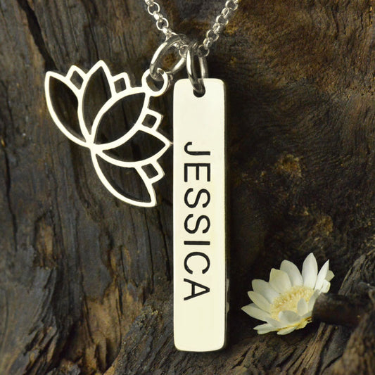 Yoga Necklace with Lotus Flower & Engraved Name Bar - Glamour