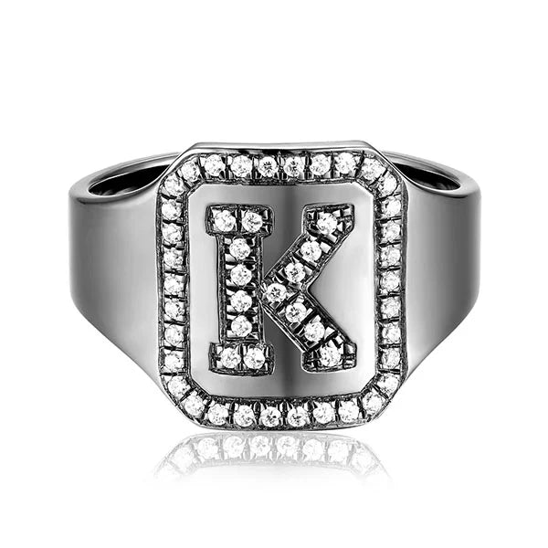 Personalized Black Plated CZ's Initial Ring In Sterling Silver - Glamour