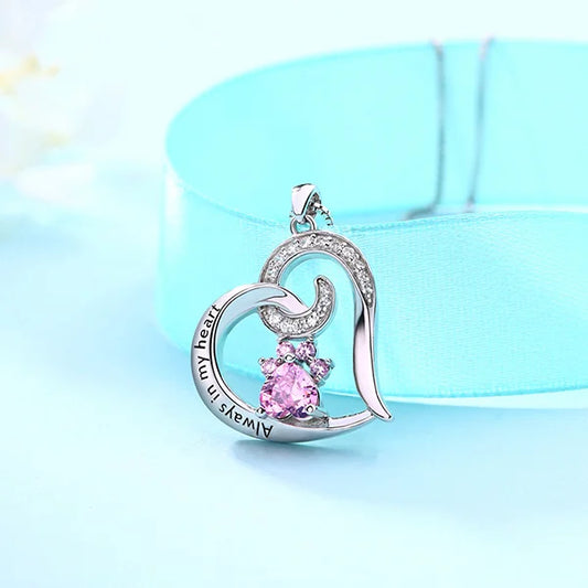 "Always in My Heart" Paw Print Birthstone Memorial Necklace - Glamour