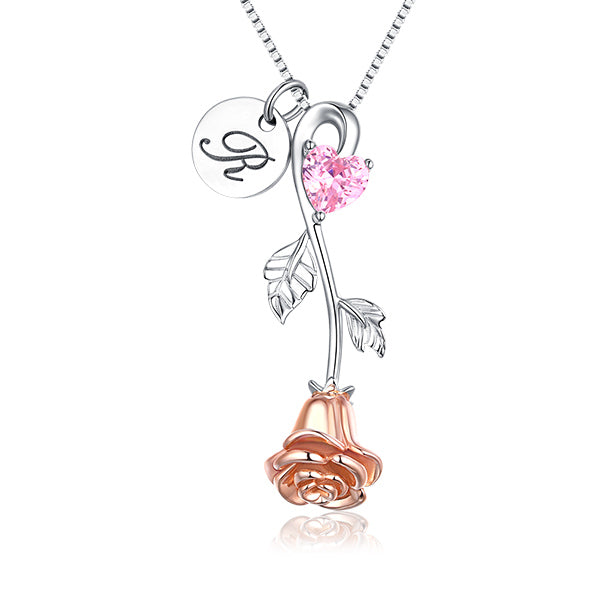 Rose Heart Birthstone Necklace With A Initial Round Tag - Glamour