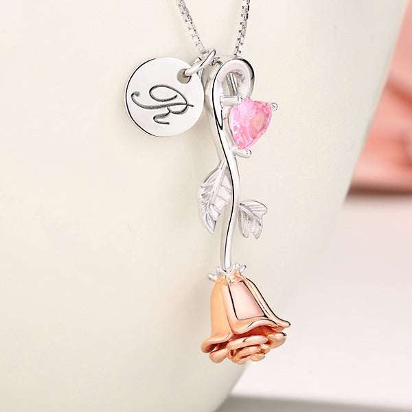 Rose Heart Birthstone Necklace With A Initial Round Tag - Glamour