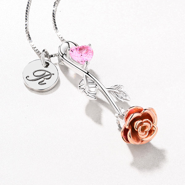 Rose Heart Birthstone Necklace With A Initial Round Tag - Glamour