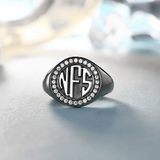 Personalized Circle Monogram CZ Ring Black plated - Glamour