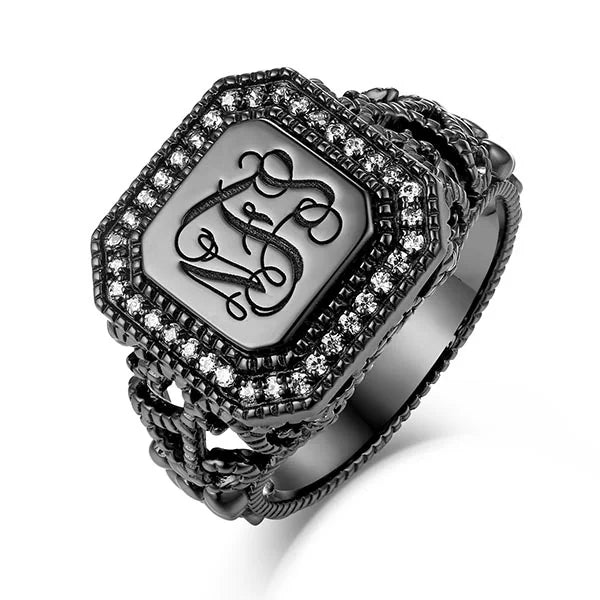 Personalized Vine Pattern Square Monogram Ring - Glamour