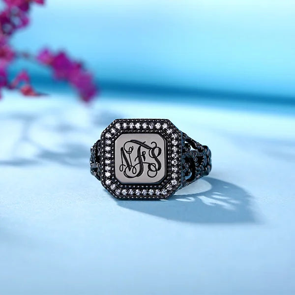 Personalized Vine Pattern Square Monogram Ring - Glamour