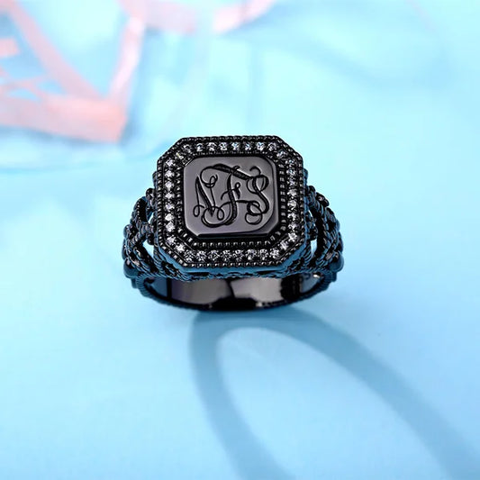 Personalized Vine Pattern Square Monogram Ring - Glamour