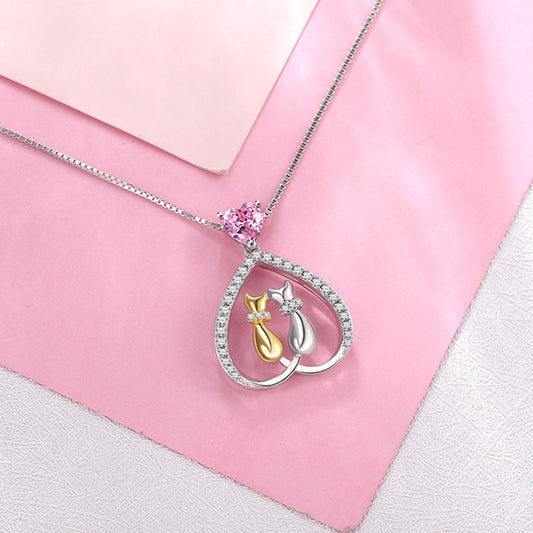 Custom Cute Cats Necklace With Heart Birthstone - Glamour